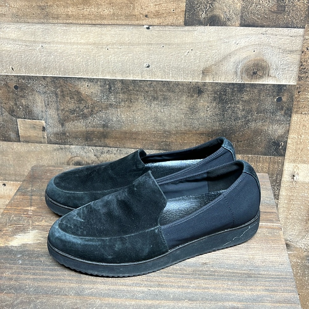 Eileen Fisher Black Suede Genuine‎ Leather Stretch Fabric Loafers size 8.5